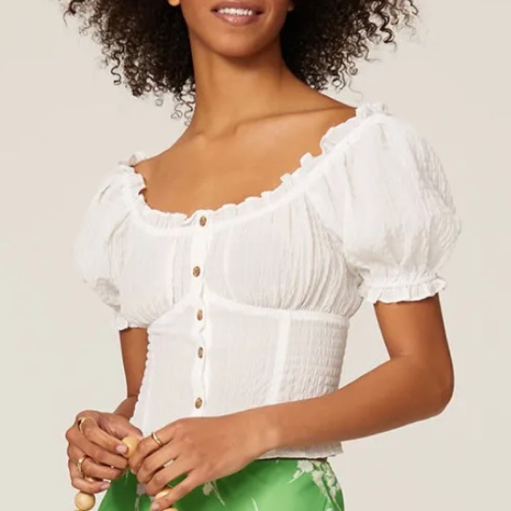Louna Sheer Button Down Puff Sleeve Ruffle Smocked Crop Peasant Blouse White M